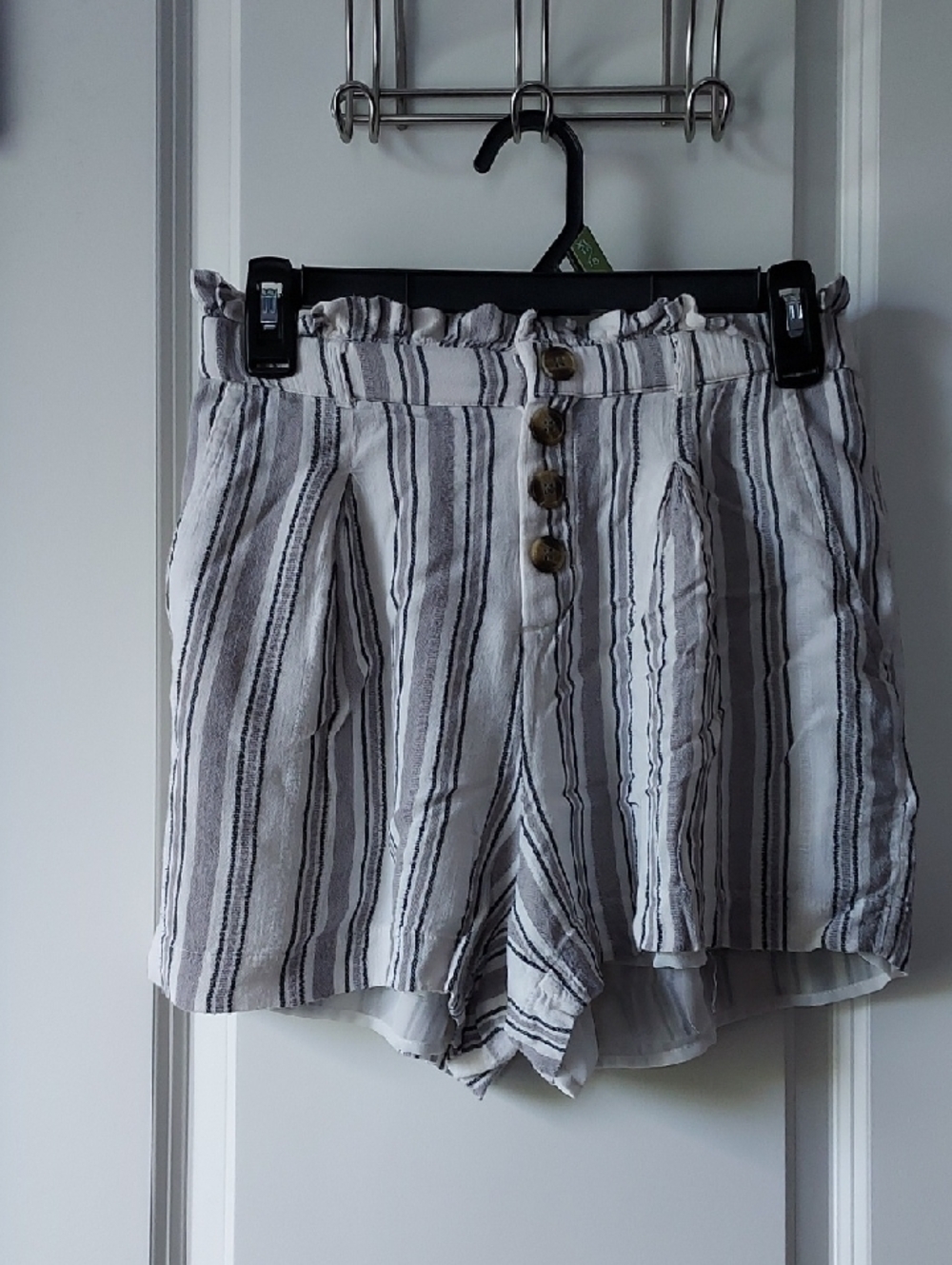 American Eagle Outfitters Striped High-Waist Button Shorts - White & Gray
